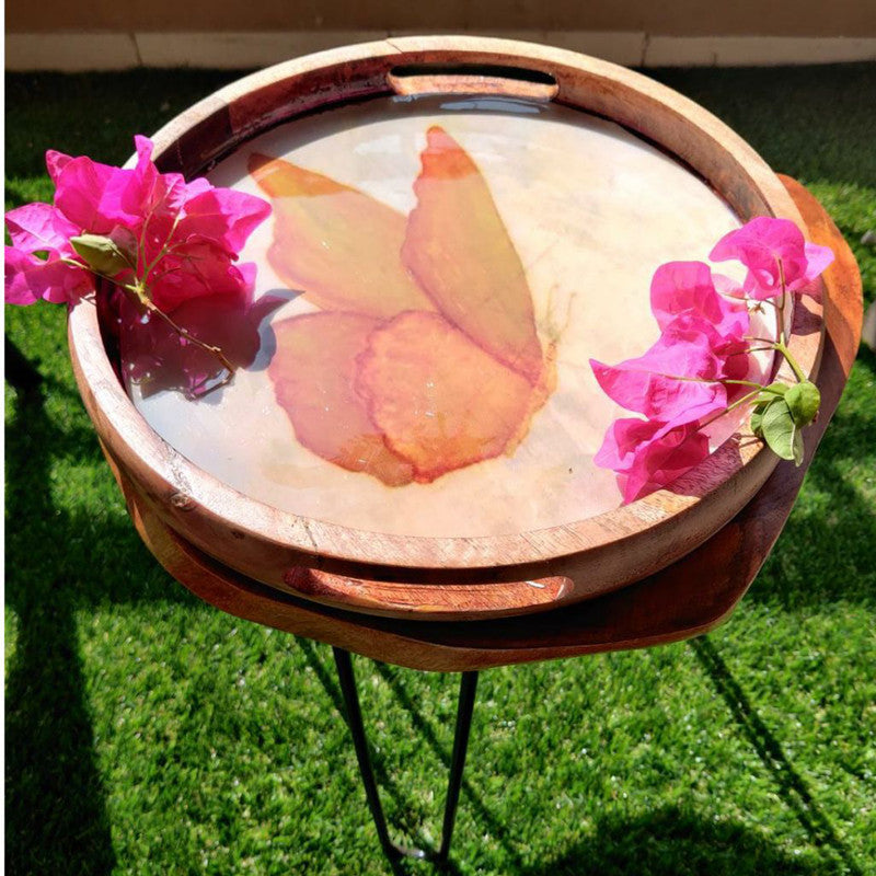 Natural Mango Wood Yellow Round Butterfly Serving Tray | 30x30x4 cm