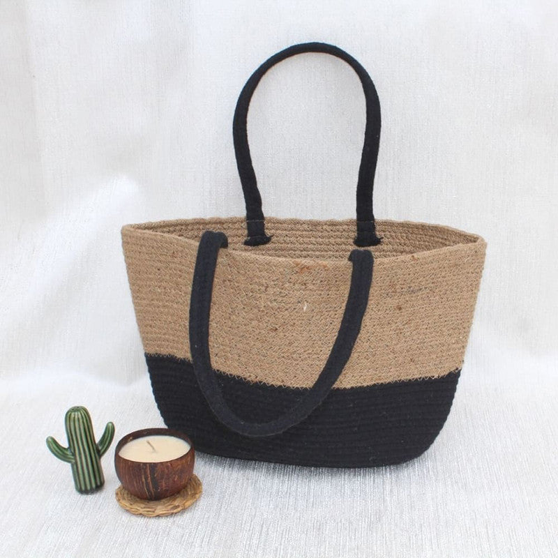 Tote Bag | Cotton & Jute | Black & Brown | 23x23x12 cm