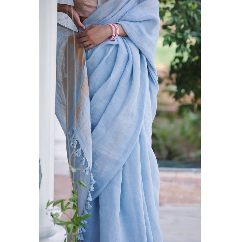 Festive Wear | Pure Linen Saree | Light Blue with Golden Zari