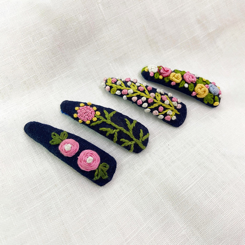 Hair Accessories for Girls | Tic Tac Clips | Organic Cotton Linen | Navy Blue | Set of 4