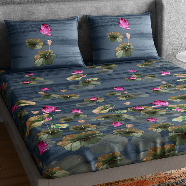 Cotton Bedsheet Set | Floral Print | Blue