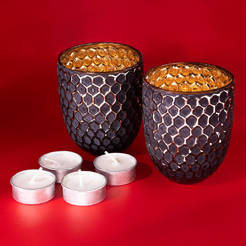 Festive Gifts | Phool Glass Candle Votives | Gold | Natural | 26 inches | Set of 2