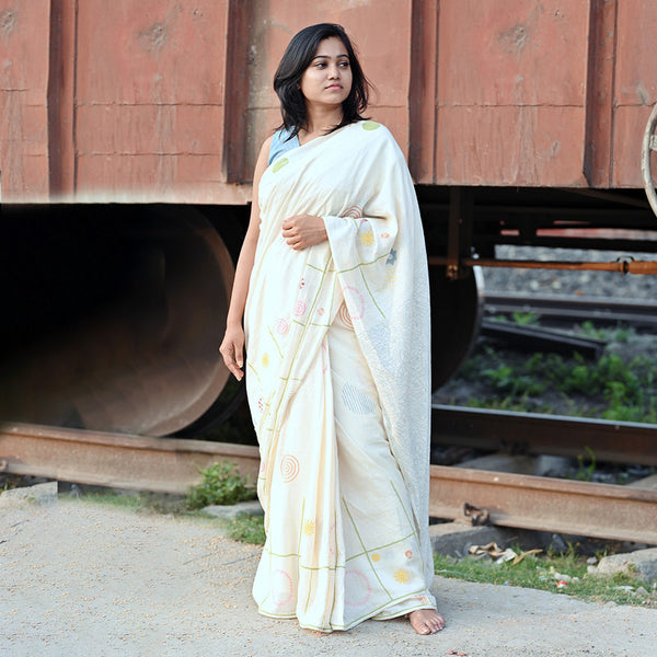 Handblock Print Saree | Cotton Saree With Unstitched Blouse | Cream