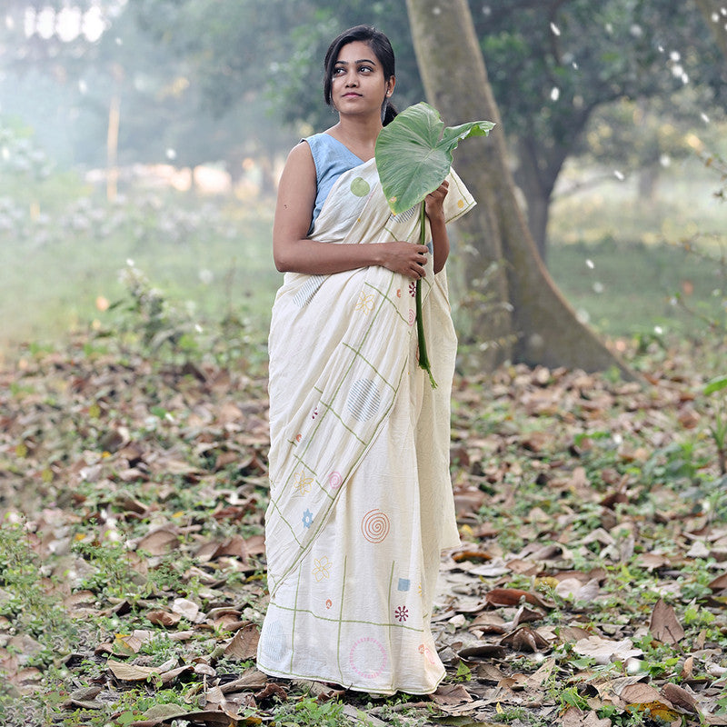 Handblock Print Saree | Cotton Saree With Unstitched Blouse | Cream