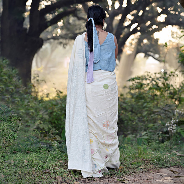 Handblock Print Saree | Cotton Saree With Unstitched Blouse | Cream