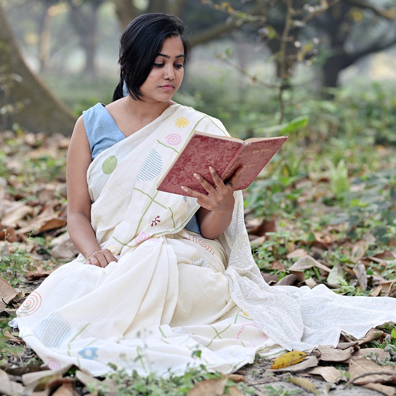 Handblock Print Saree | Cotton Saree With Unstitched Blouse | Cream