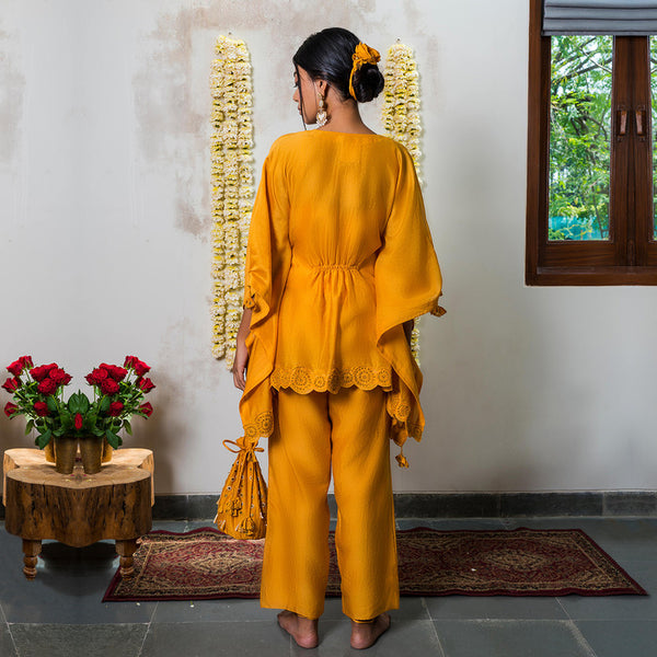 Chanderi Silk Kaftan Set | Mustard