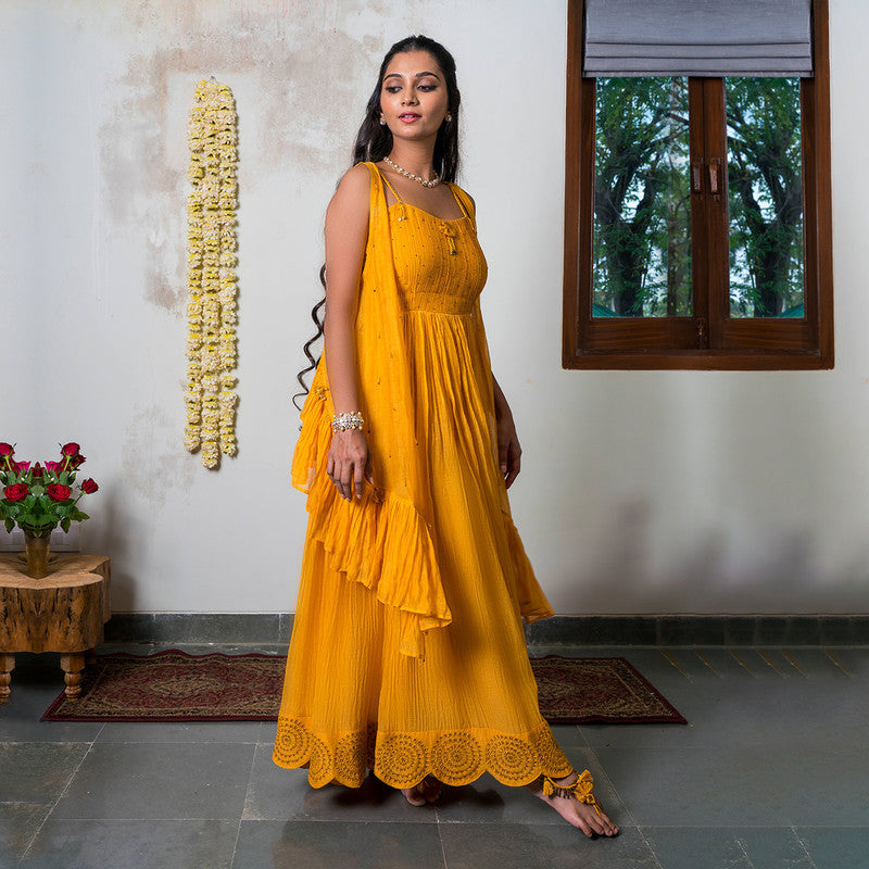 Chanderi Silk Jacket Dress | Mustard