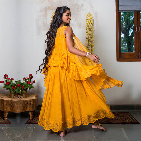 Chanderi Silk Jacket Dress | Mustard