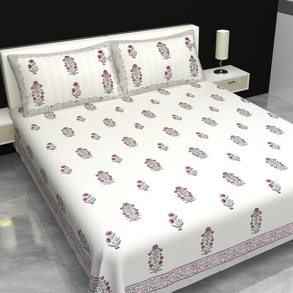Cotton Mulmul Double Bedsheet Set | AC Dohar | Pink & Grey | 84 x 108 inches