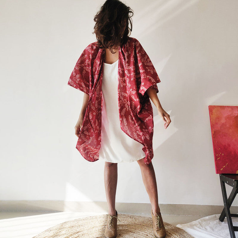 Summer Jacket for Women | Cotton Printed Kimono | Maroon | Free Size