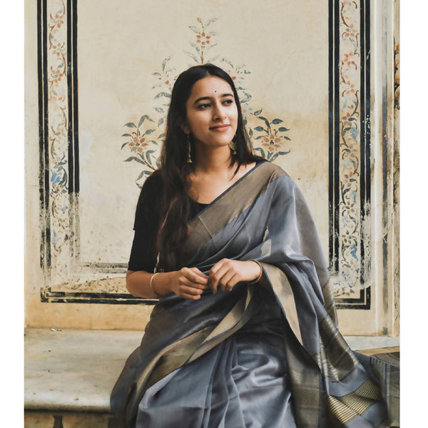 Festive Wear | Maheshwari Cotton Silk Saree | Grey & Gold