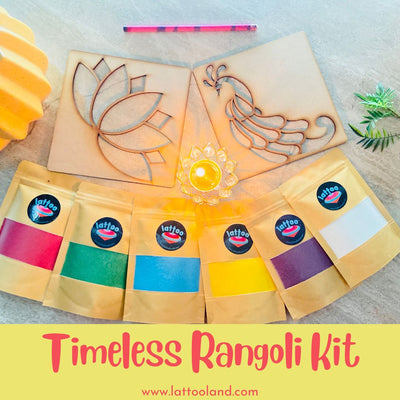 Rangoli Kit for Kids | 6 Colours with Lotus Stencils | Set of 9