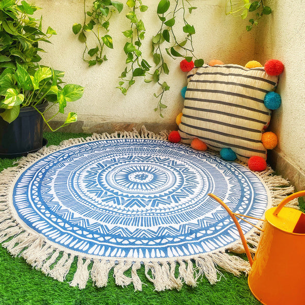 Cotton Meditation Mat | Boho Rug | Blue.