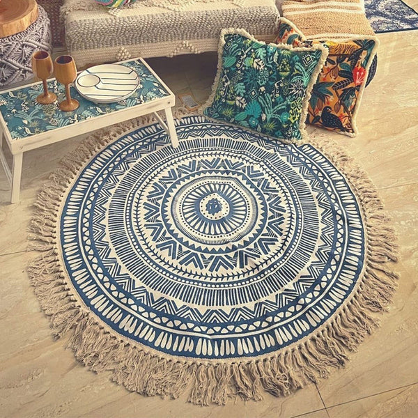 Cotton Meditation Mat | Boho Rug | Blue.