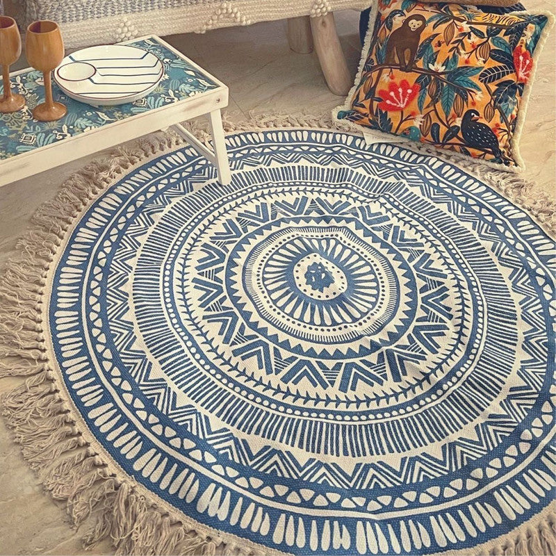 Cotton Meditation Mat | Boho Rug | Blue.