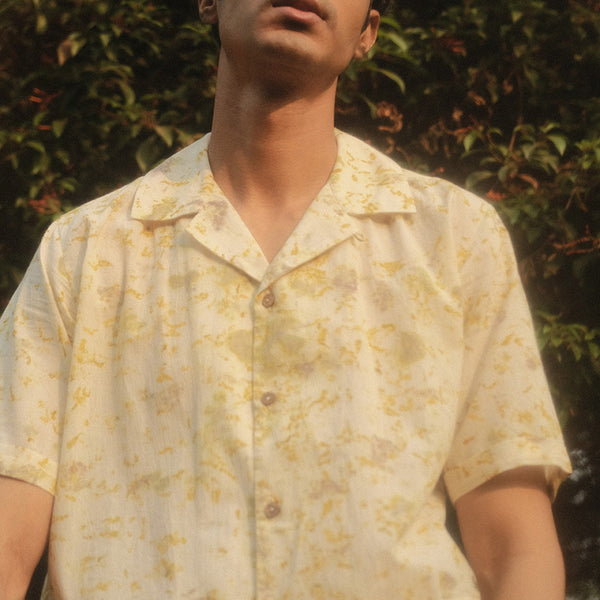 Organic Cotton Shirt | Half Sleeve Shirt | Off-White With Yellow Eco-Print