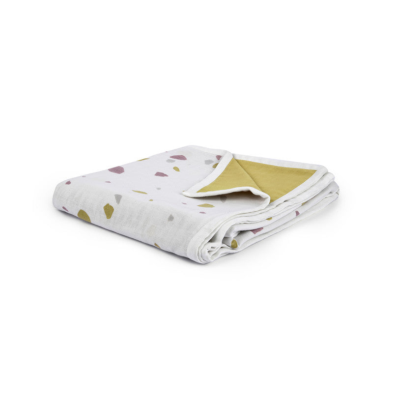 Organic Cotton Muslin Baby Blanket | Reversible | White & Yellow | 100 x 114 cm