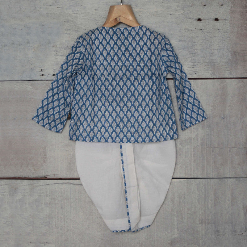 Cotton Block Printed Jabla & Dhoti Set for Kids | Blue