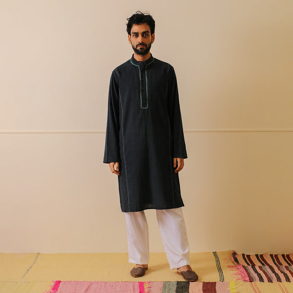 Pure Cotton Kurta | Embroidered | Navy