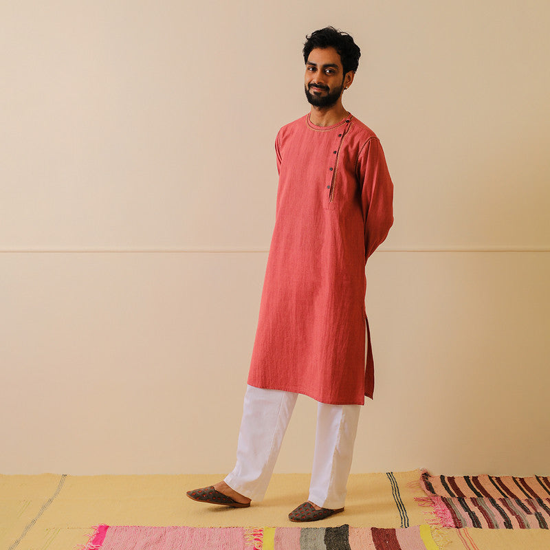 Pure Cotton Angrakha Kurta | Embroidered | Red