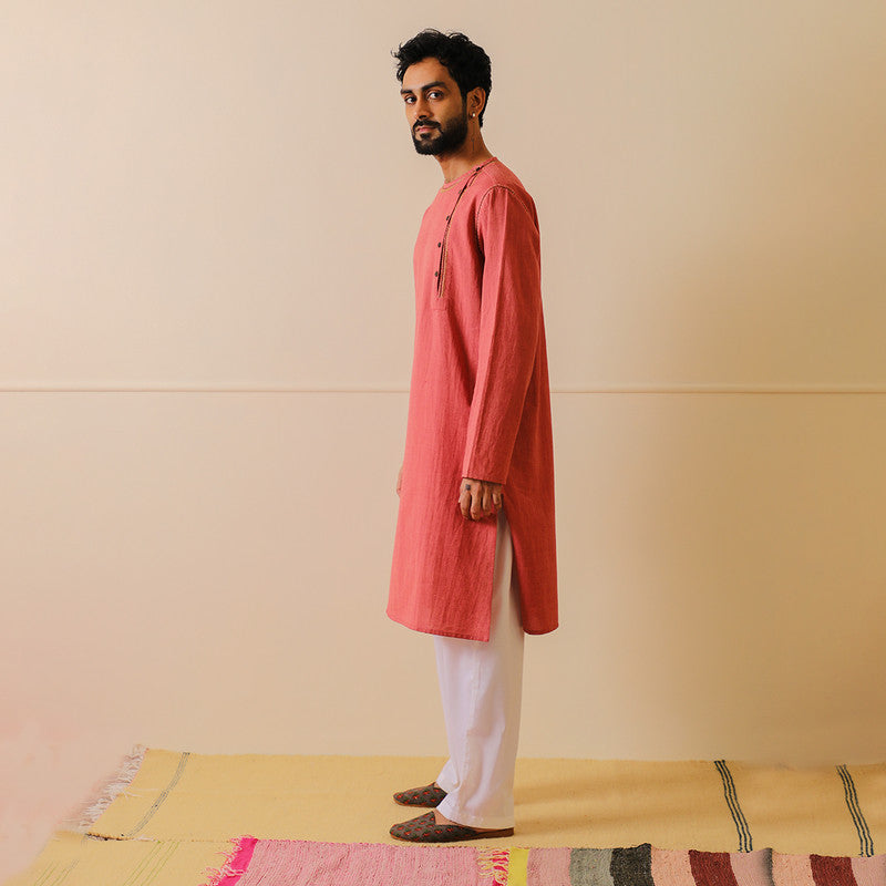 Pure Cotton Angrakha Kurta | Embroidered | Red