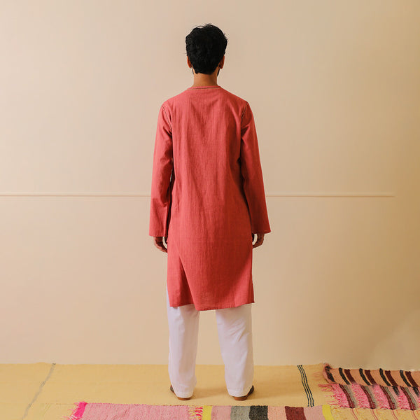 Pure Cotton Angrakha Kurta | Embroidered | Red