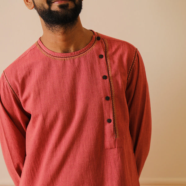 Pure Cotton Angrakha Kurta | Embroidered | Red