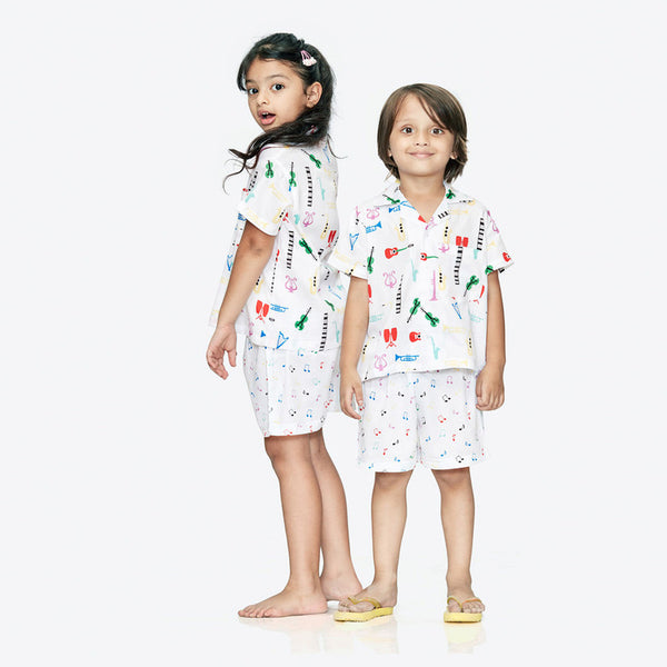 100% Cotton Kids Shirt & Shorts Set | White Music