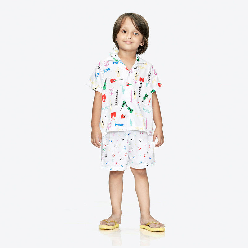 100% Cotton Kids Shirt & Shorts Set | White Music