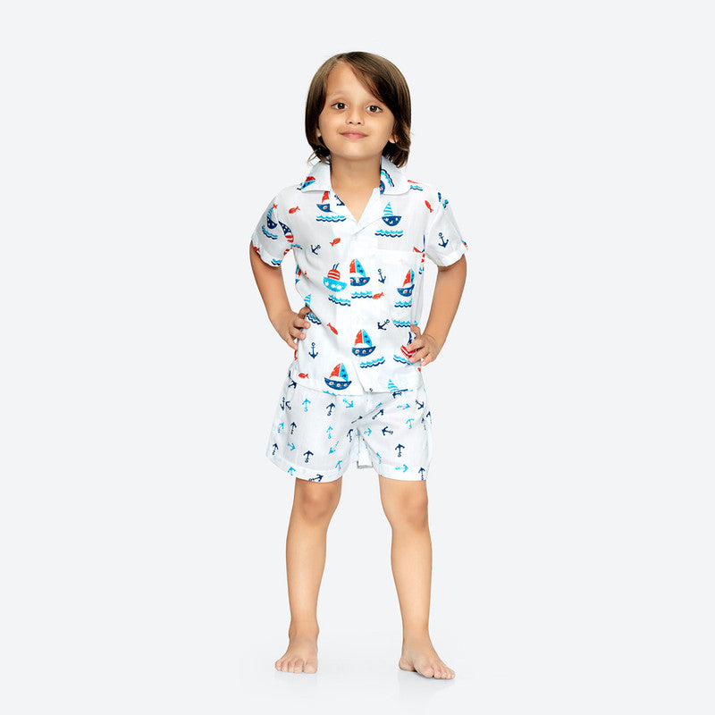 100% Cotton Kids Shirt & Shorts Set | White Nautical