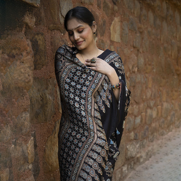 Modal Silk Saree | Ajrakh Saree | Black