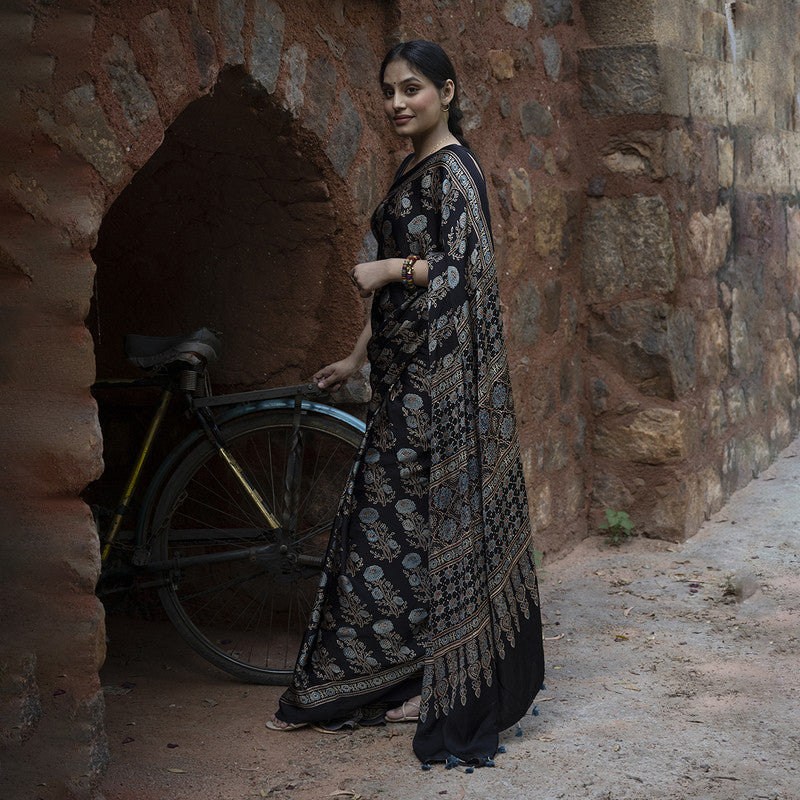 Modal Silk Saree | Ajrakh Saree | Black