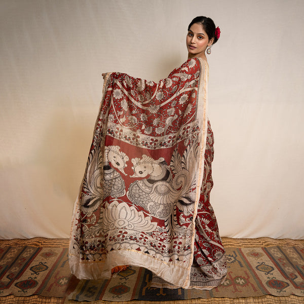Chanderi Silk Saree with Blouse | Handpainted Motifs | Red & Beige