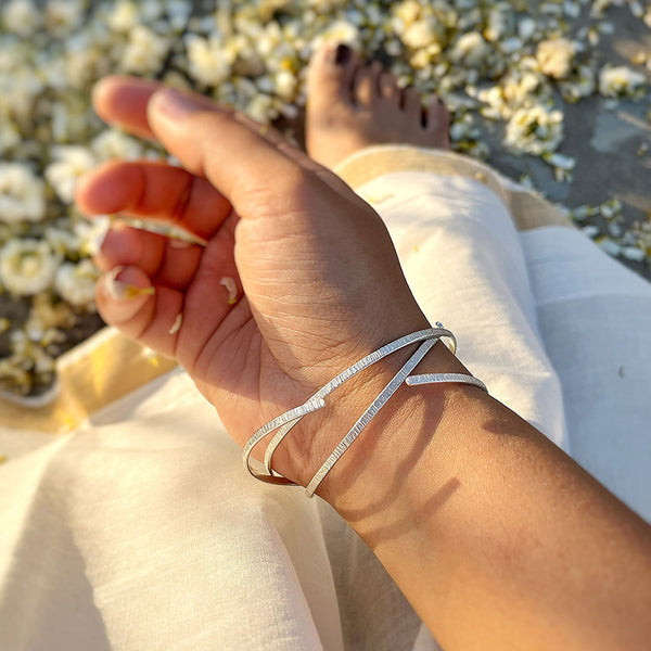 Brass Bangle Set | Textured | Silver Plated | Set of 3