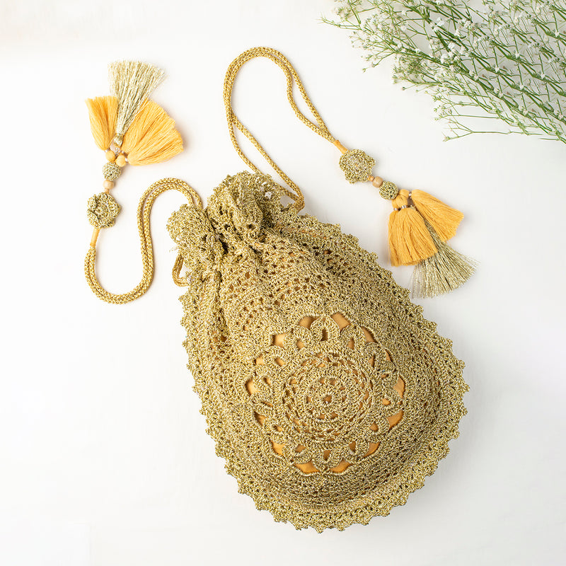 Potli Bag | Silk Fabric & Wooden Beads | Gold