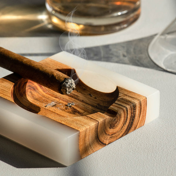 Acacia Wooden Ash Tray | White | 4.5 x 4.5 x 1.5 inches.