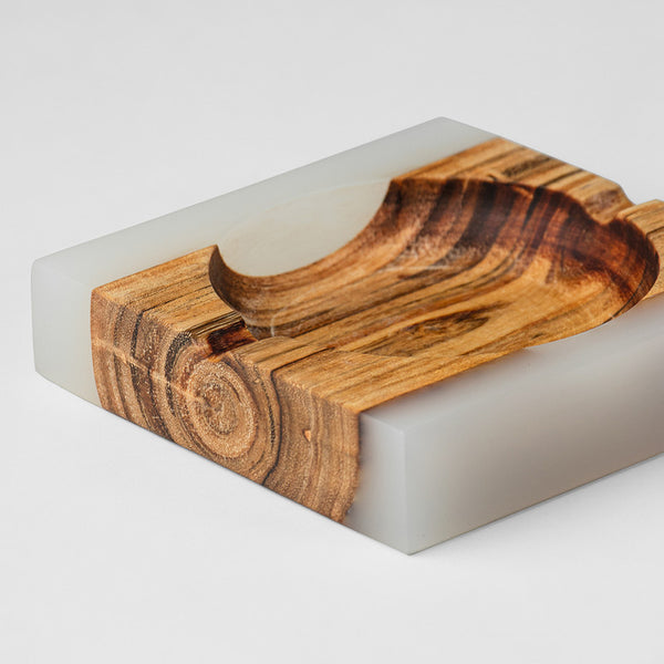 Acacia Wooden Ash Tray | White | 4.5 x 4.5 x 1.5 inches.