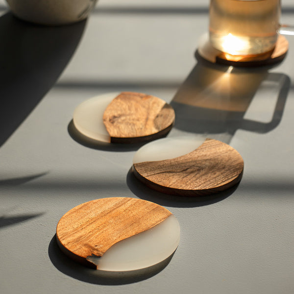 Wooden Coasters | Acacia Wood | Smoothly Finished | Set of 4 | White