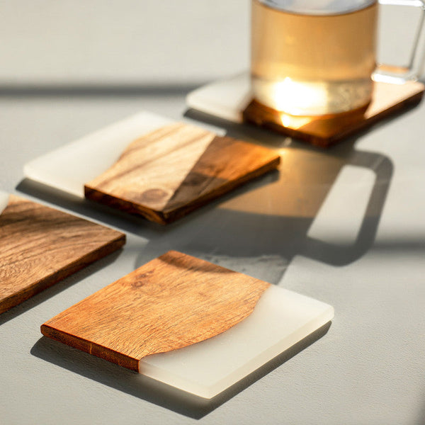 Housewarming Gifts | Wooden Coasters | Acacia Wood | Set of 4 | White