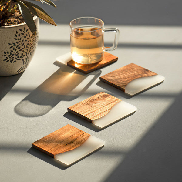 Housewarming Gifts | Wooden Coasters | Acacia Wood | Set of 4 | White