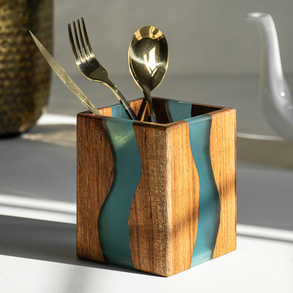 Acacia Wood Cutlery Holder | Blue