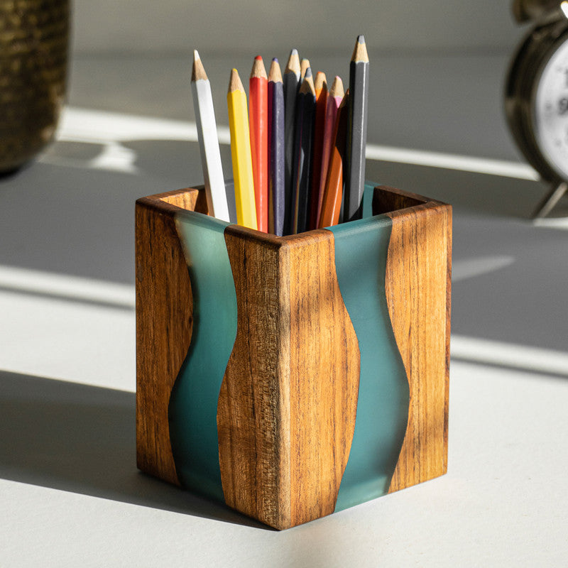 Acacia Wood Cutlery Holder | Blue