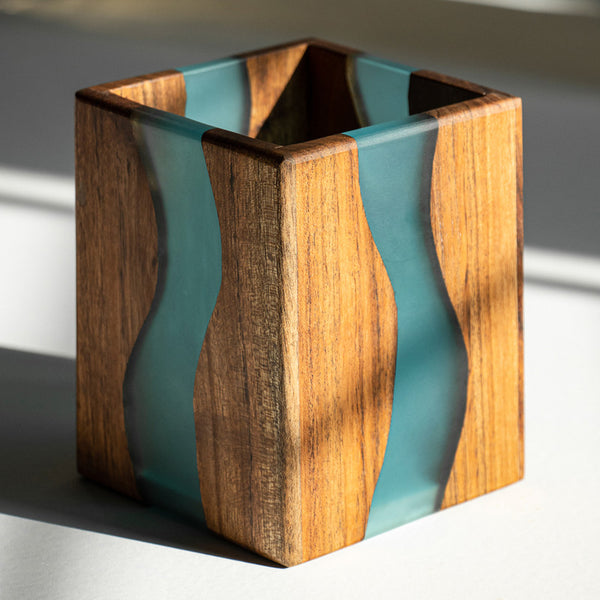 Acacia Wood Cutlery Holder | Blue