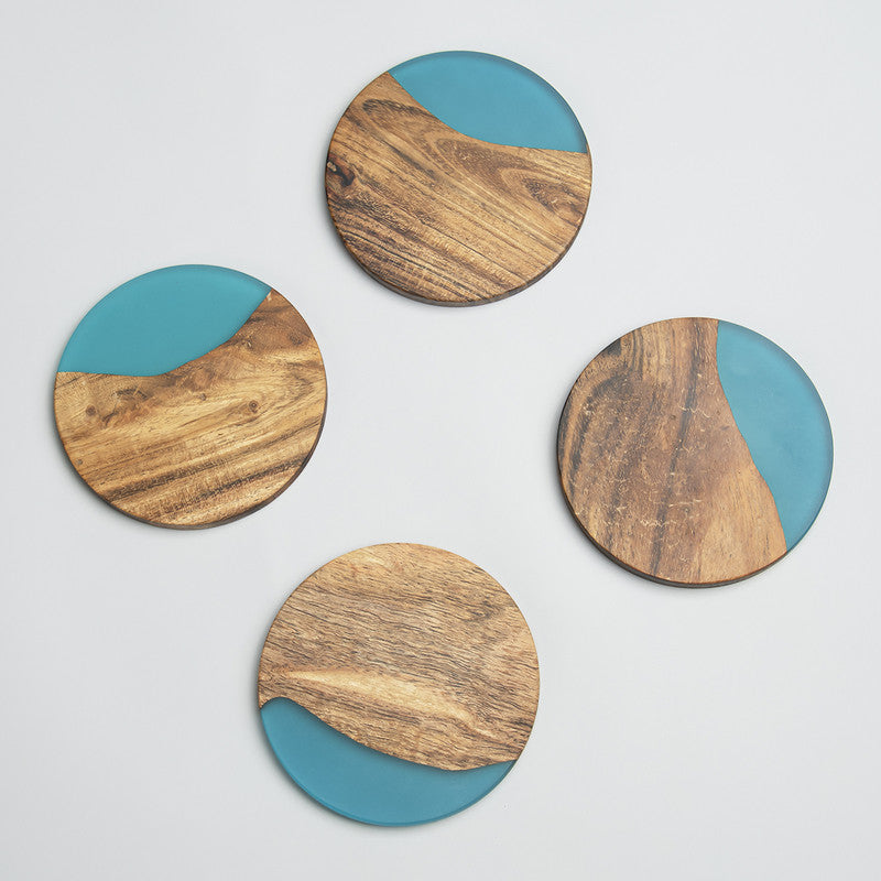 Wooden Coasters | Acacia Wood | Set of 4 | Blue