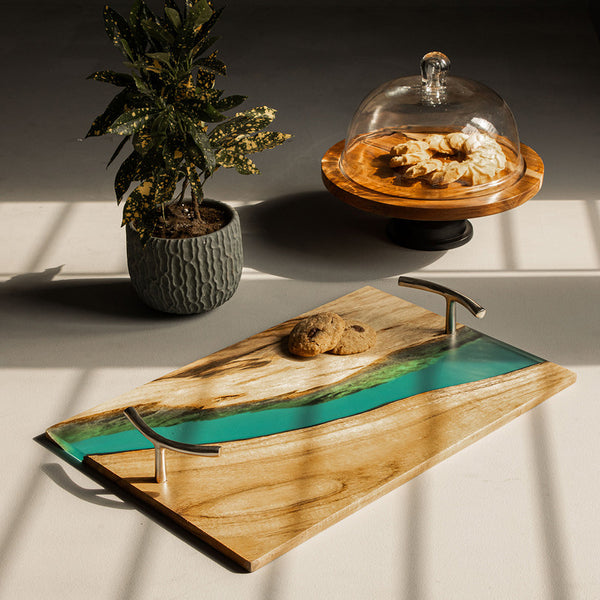 Wooden Serving Tray | Acacia Wood | Blue | 18x12 inch