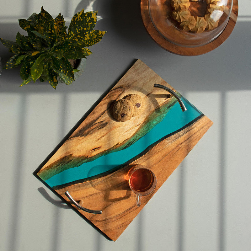 Wooden Serving Tray | Acacia Wood | Blue | 18x12 inch