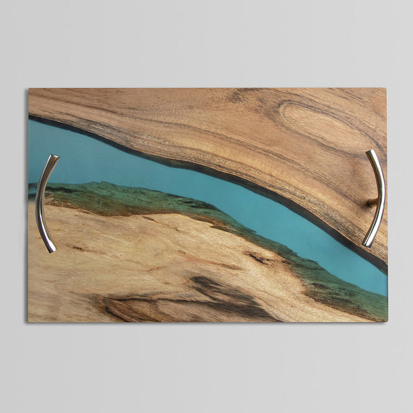 Wooden Serving Tray | Acacia Wood | Blue | 18x12 inch