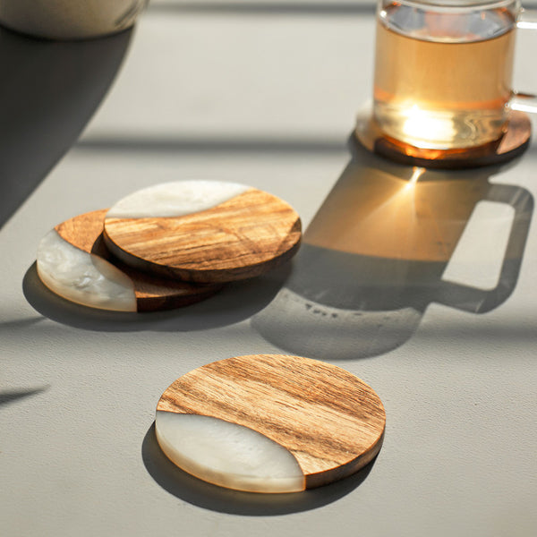 Wooden Coasters | Acacia Wood |  4 Inches | Set of 4 | White