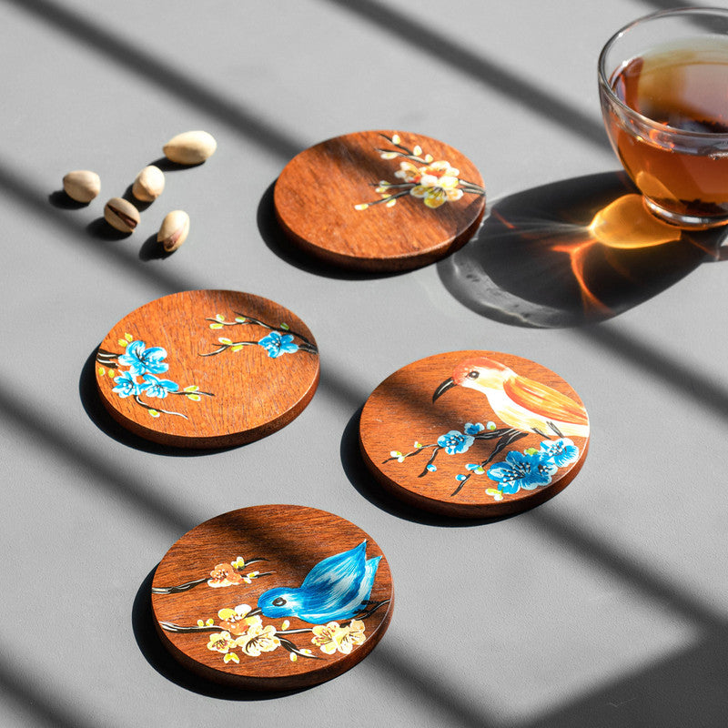 Mango Wood Hand-Painted Coasters | Set of 4 | Brown